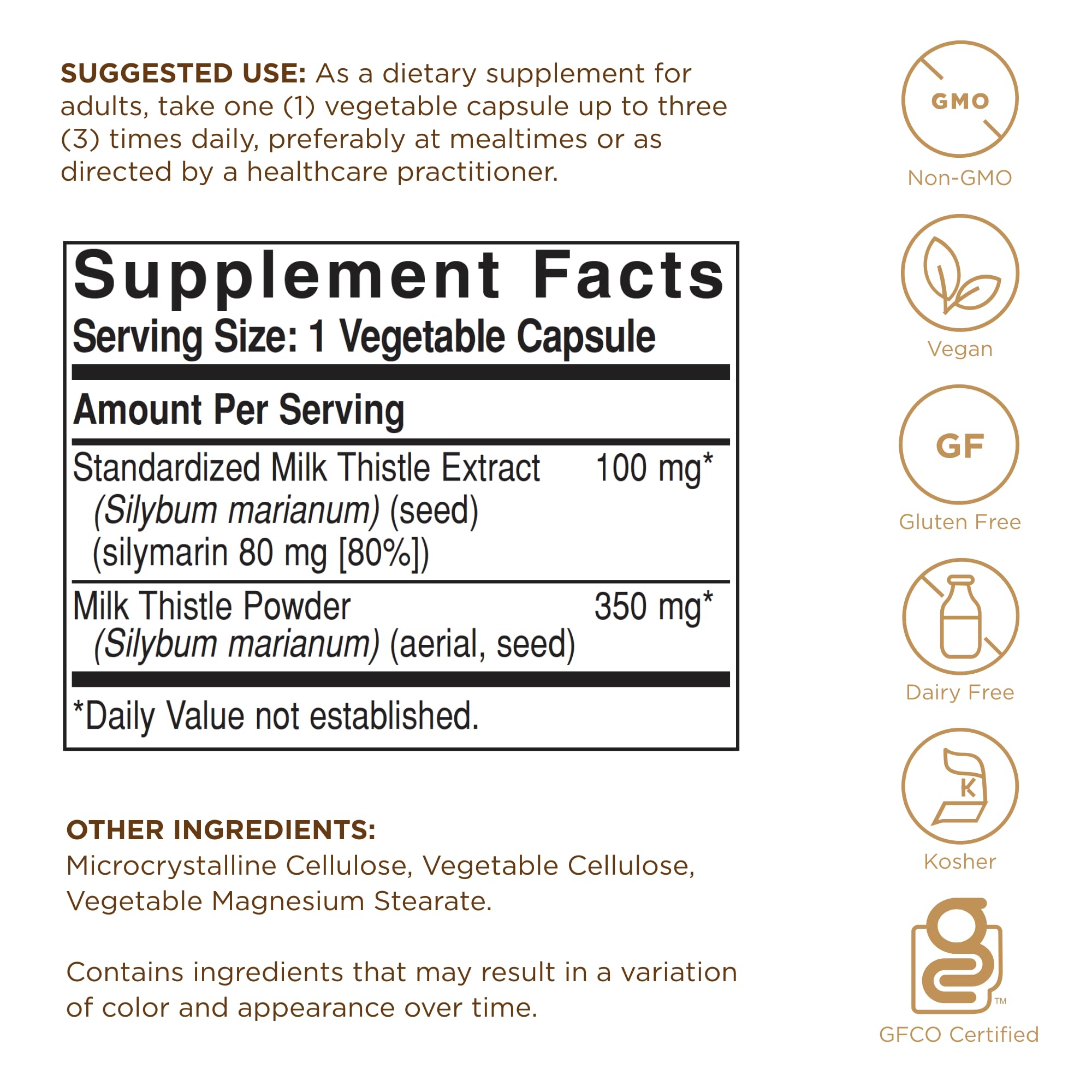 Solgar milk thistle label close-up showing the 100 mg dosage
