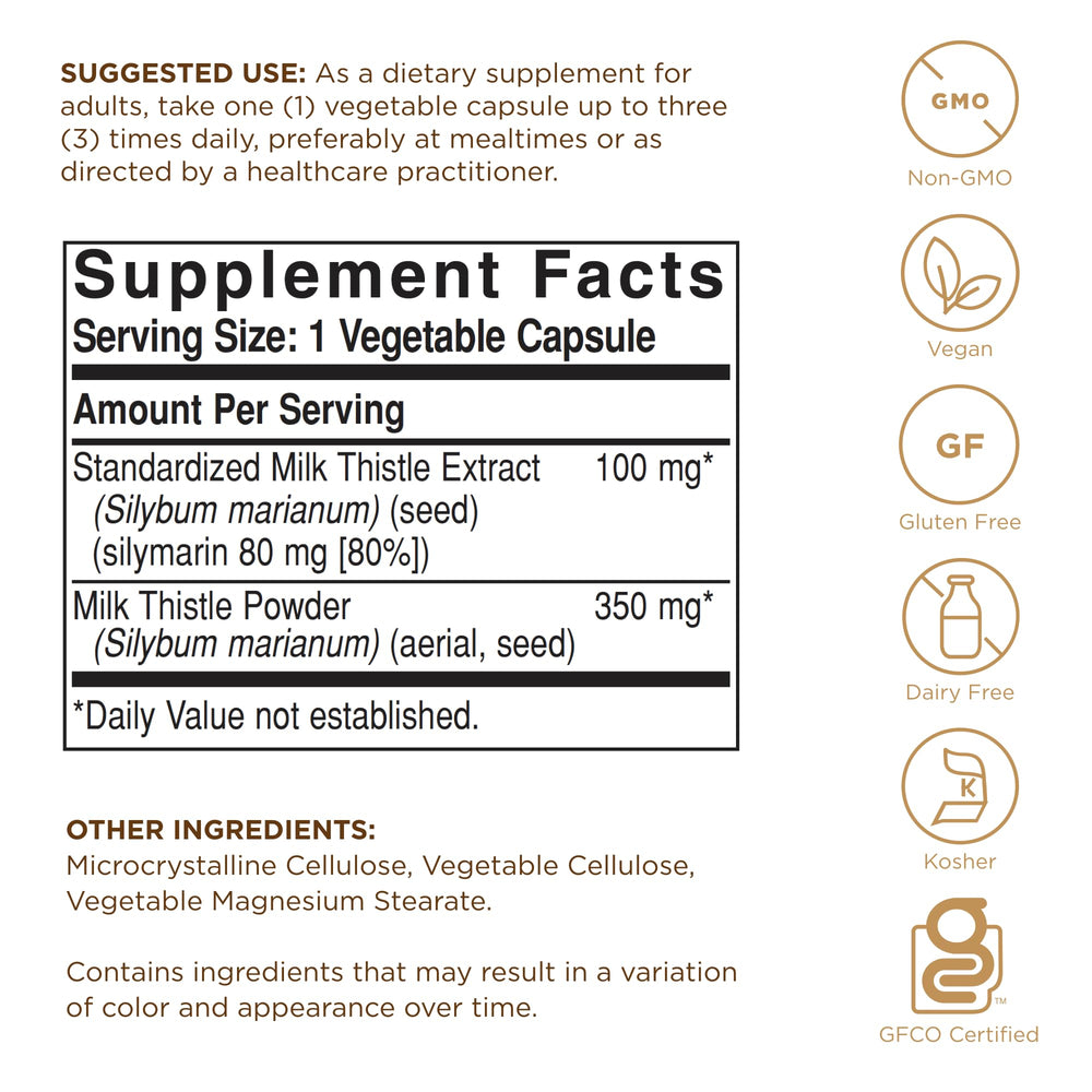 Solgar milk thistle label close-up showing the 100 mg dosage