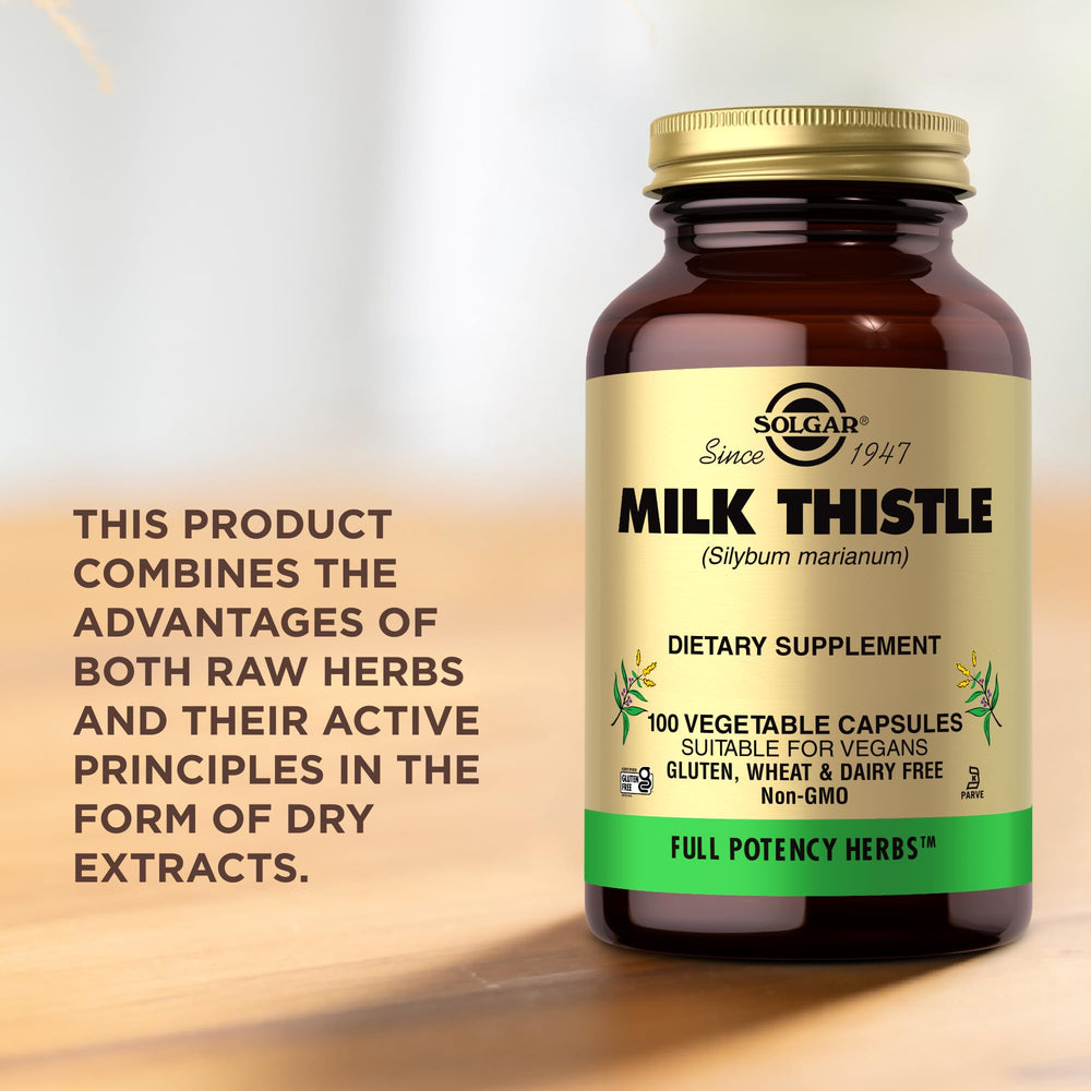 Solgar Milk Thistle symbols highlight vegan and gluten-free attributes for sensitive diets.