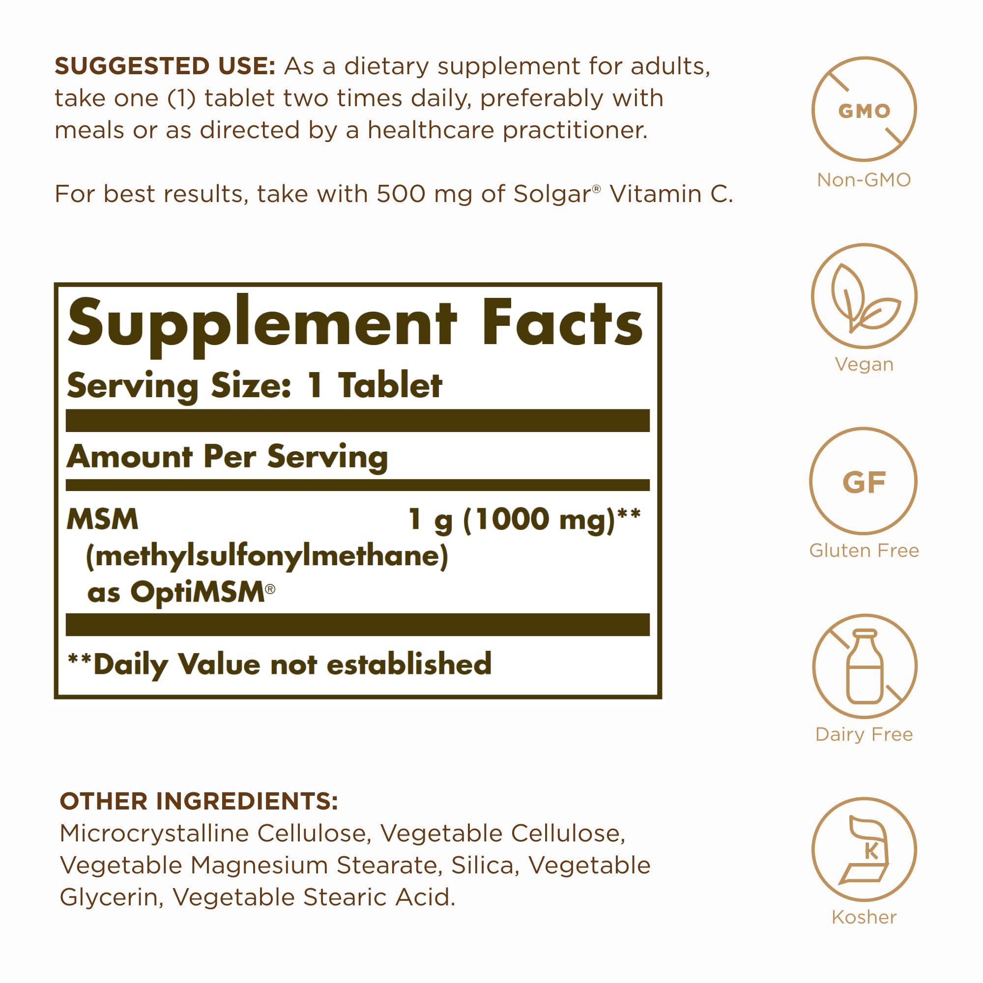 Solgar MSM 1000 mg bottle label emphasizes vegan and gluten-free formula