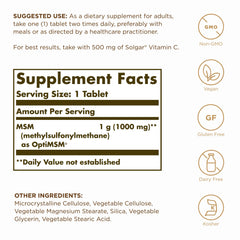 Solgar MSM 1000 mg bottle label emphasizes vegan and gluten-free formula