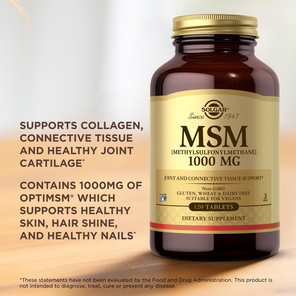 Vegan and kosher-certified Solgar MSM tablets free from common allergens; suitable for vegan diets