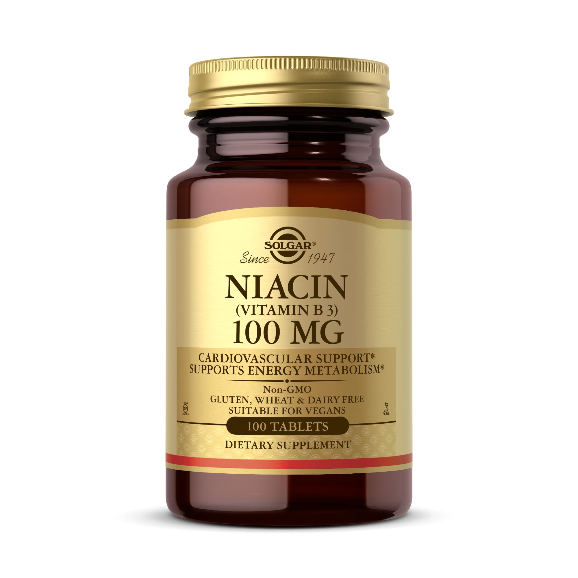 Solgar Niacin 100 mg bottle close-up highlighting vegan, non-GMO formulation.