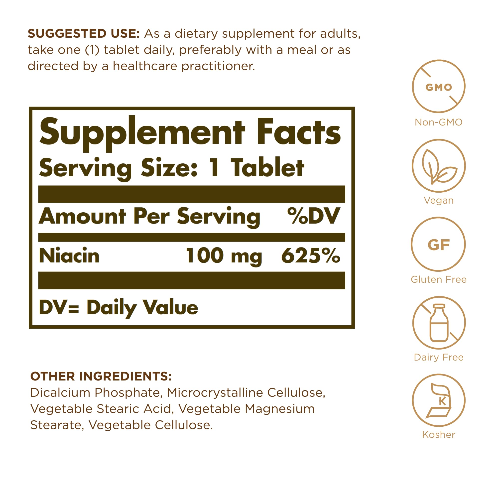 Solgar Niacin 100 mg label close-up showing gluten-free and dairy-free ingredients.