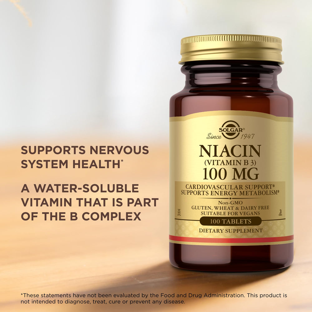 Open bottle of Solgar Niacin 100 mg ready for everyday use.