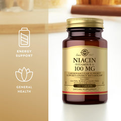 Solgar Niacin 100 mg on store shelf highlighting allergen-friendly claims.