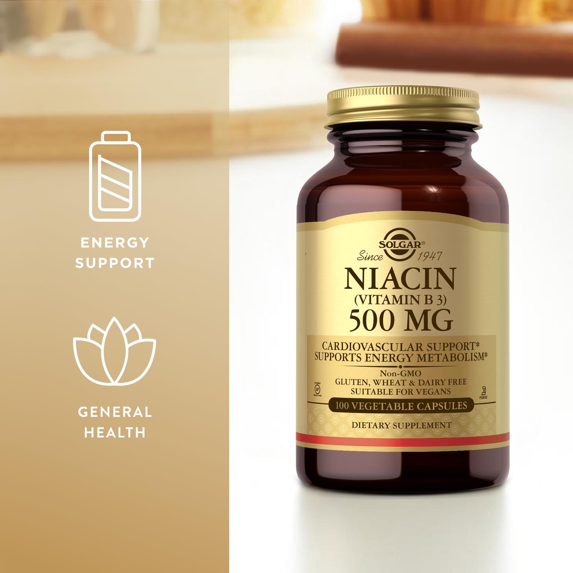 Solgar Niacin 500mg bottle close-up emphasizes trusted branding for energy support.