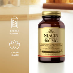 Solgar Niacin 500mg bottle close-up emphasizes trusted branding for energy support.