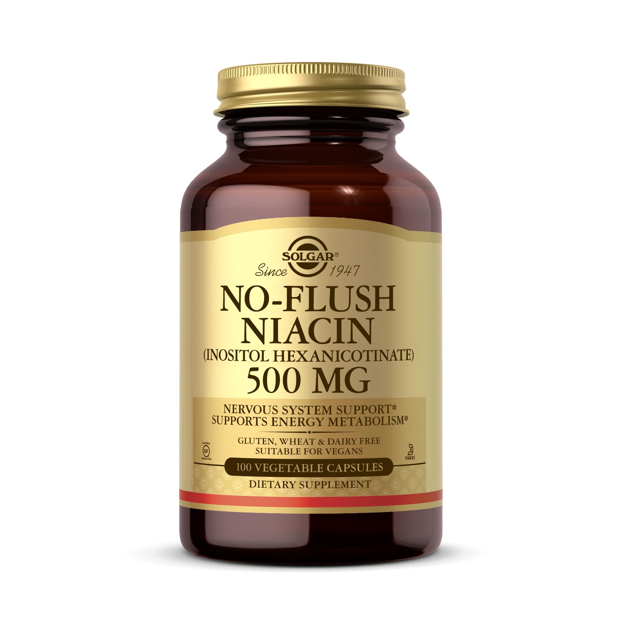Solgar No-Flush Niacin 500mg bottle front view for everyday wellness