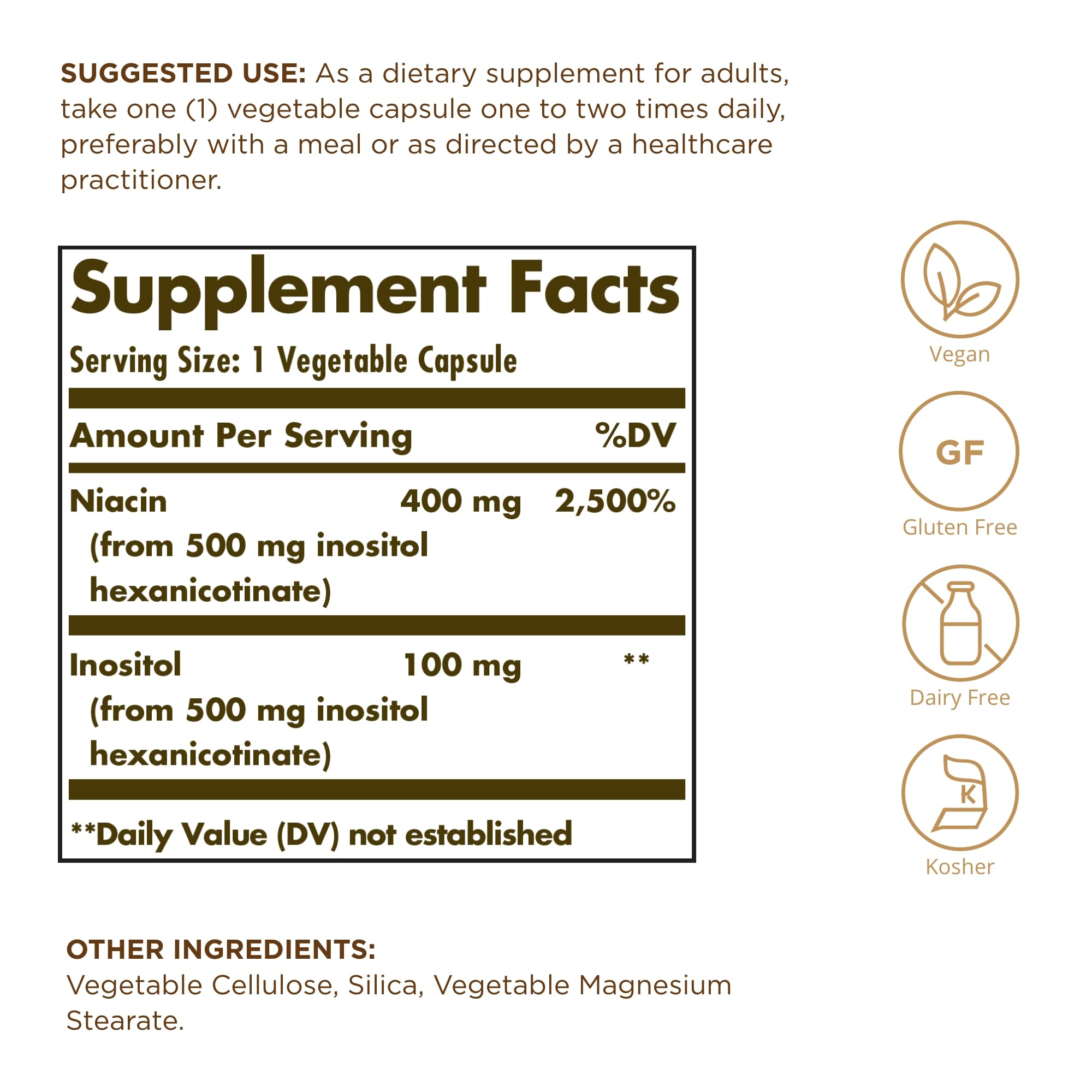 Solgar No-Flush Niacin 500mg label close-up highlighting bottle details
