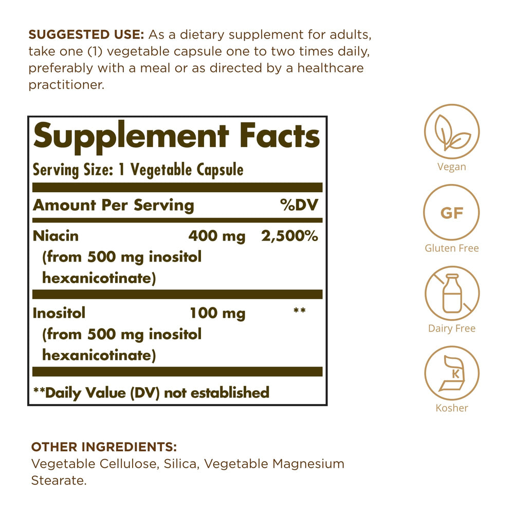 Solgar No-Flush Niacin 500mg label close-up highlighting bottle details