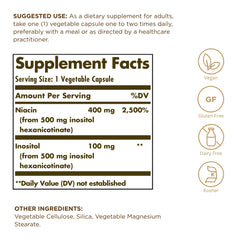 Solgar No-Flush Niacin 500mg label close-up highlighting bottle details