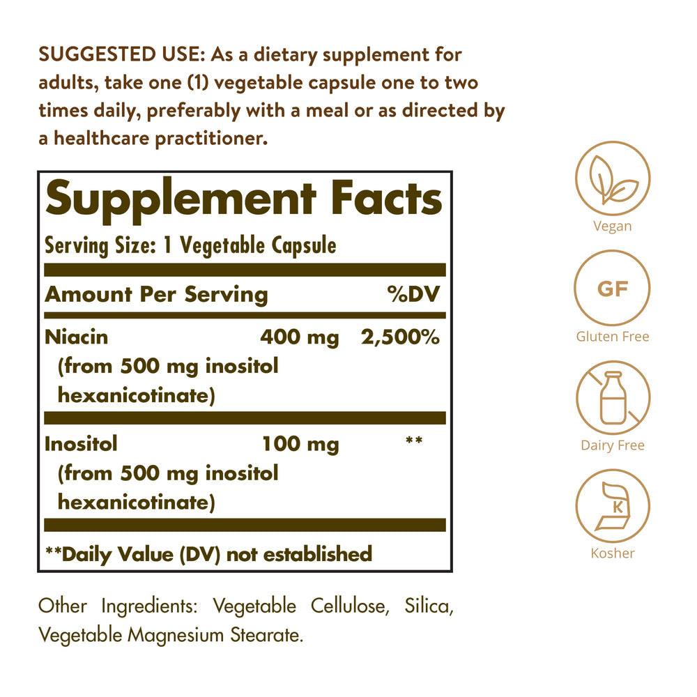 Solgar No-Flush Niacin capsules closeup highlighting gentle no-flush delivery.
