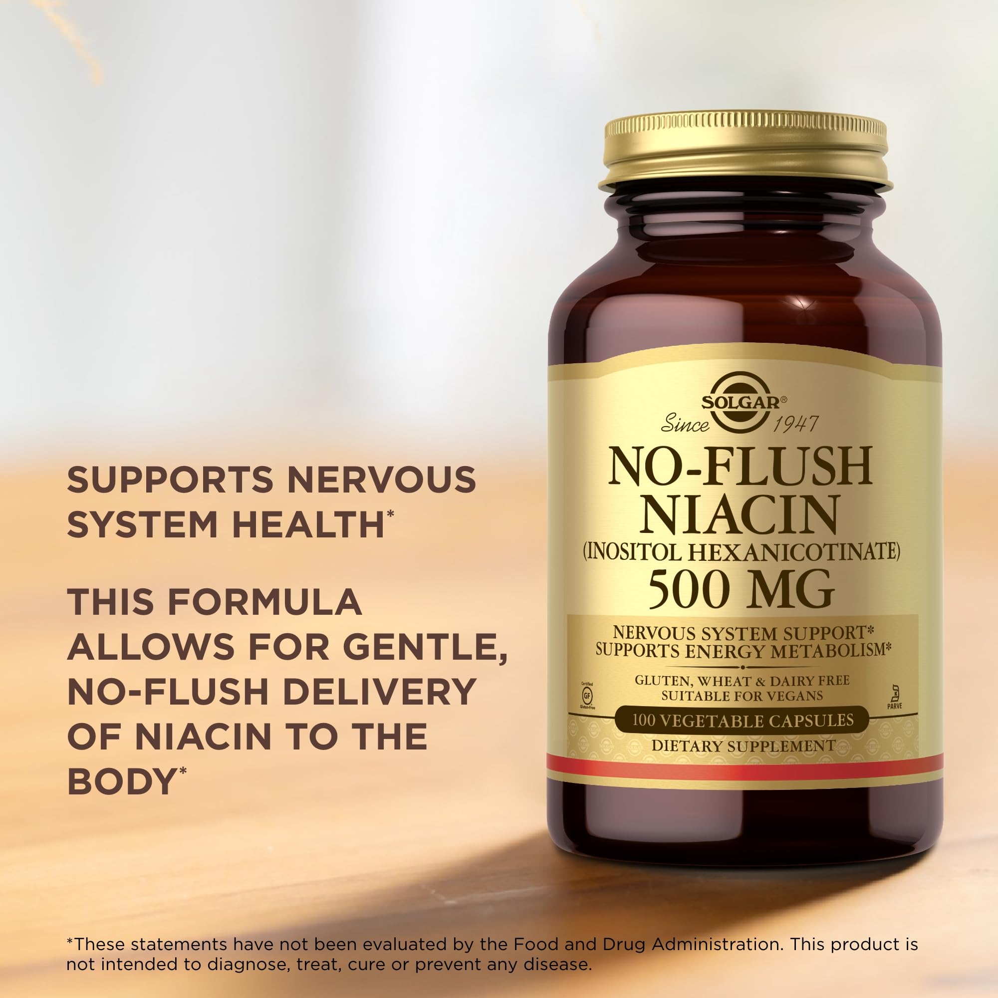 Solgar No-Flush Niacin 500mg bottle with usage tips