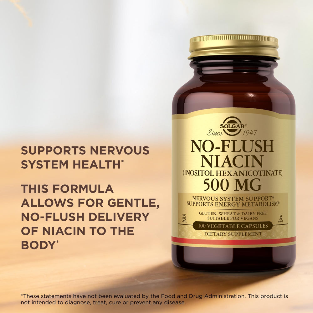 Solgar No-Flush Niacin 500mg bottle with usage tips