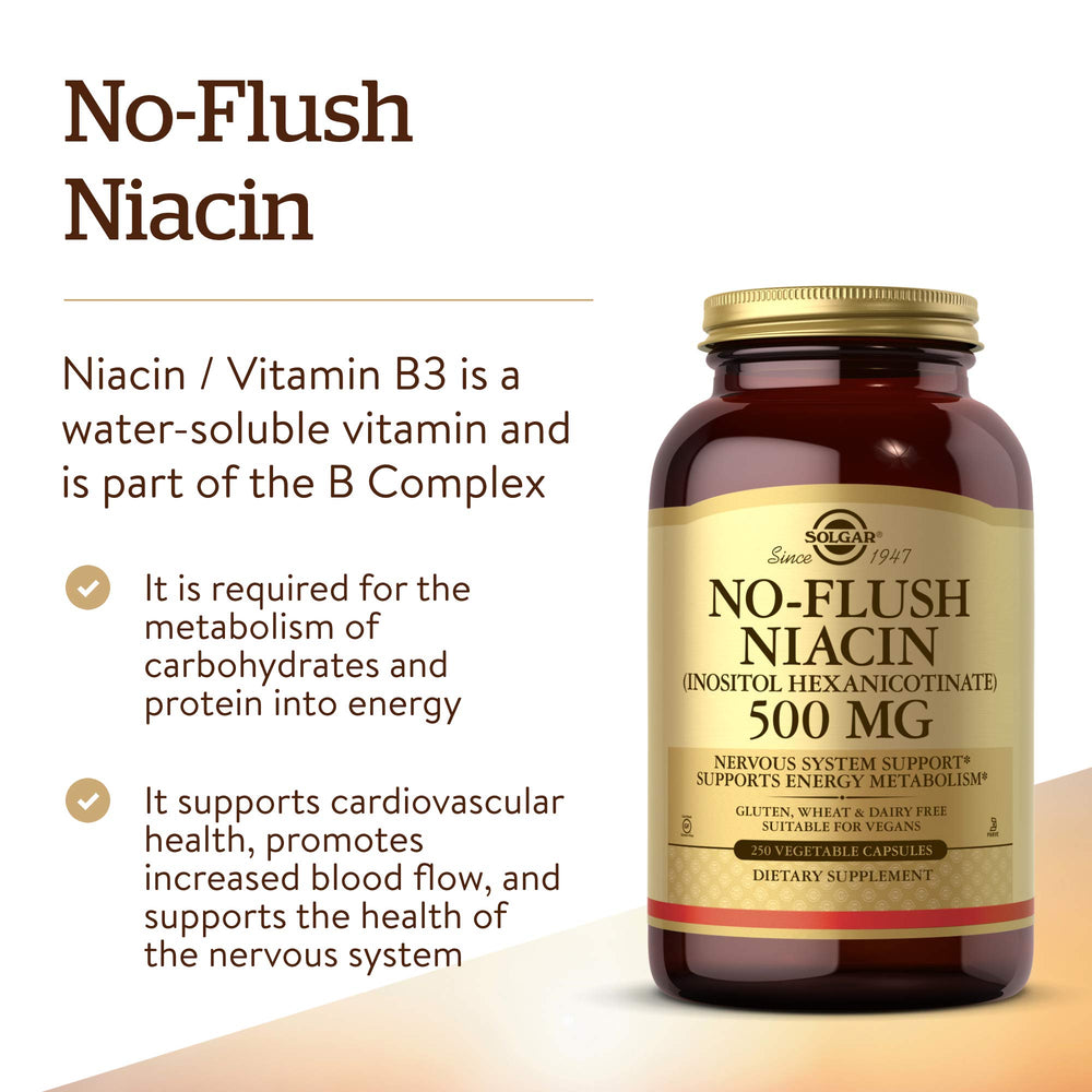 Solgar No-Flush Niacin 500 mg label closeup showing dosage details.