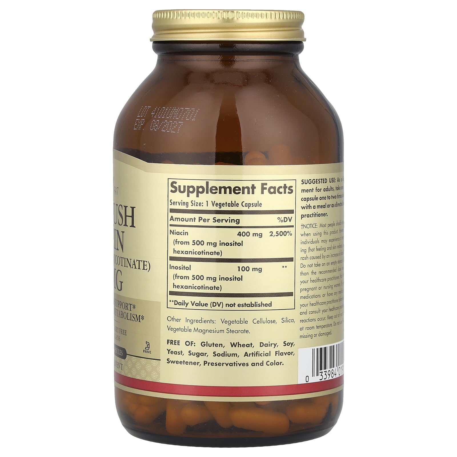 Solgar No-Flush Niacin vegan and allergen-free packaging cues.