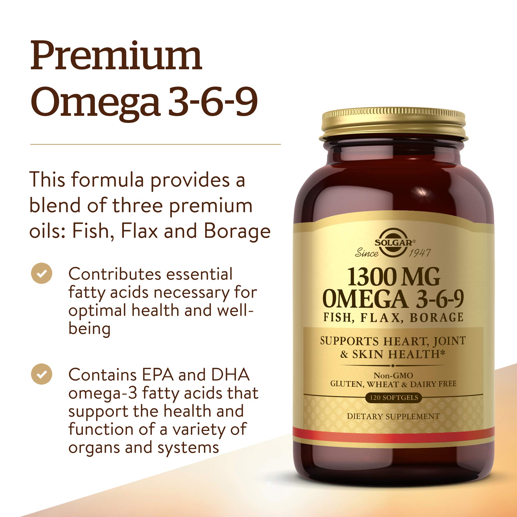 Solgar omega-3-6-9 ingredients blend highlights fish, flax, and borage oils.