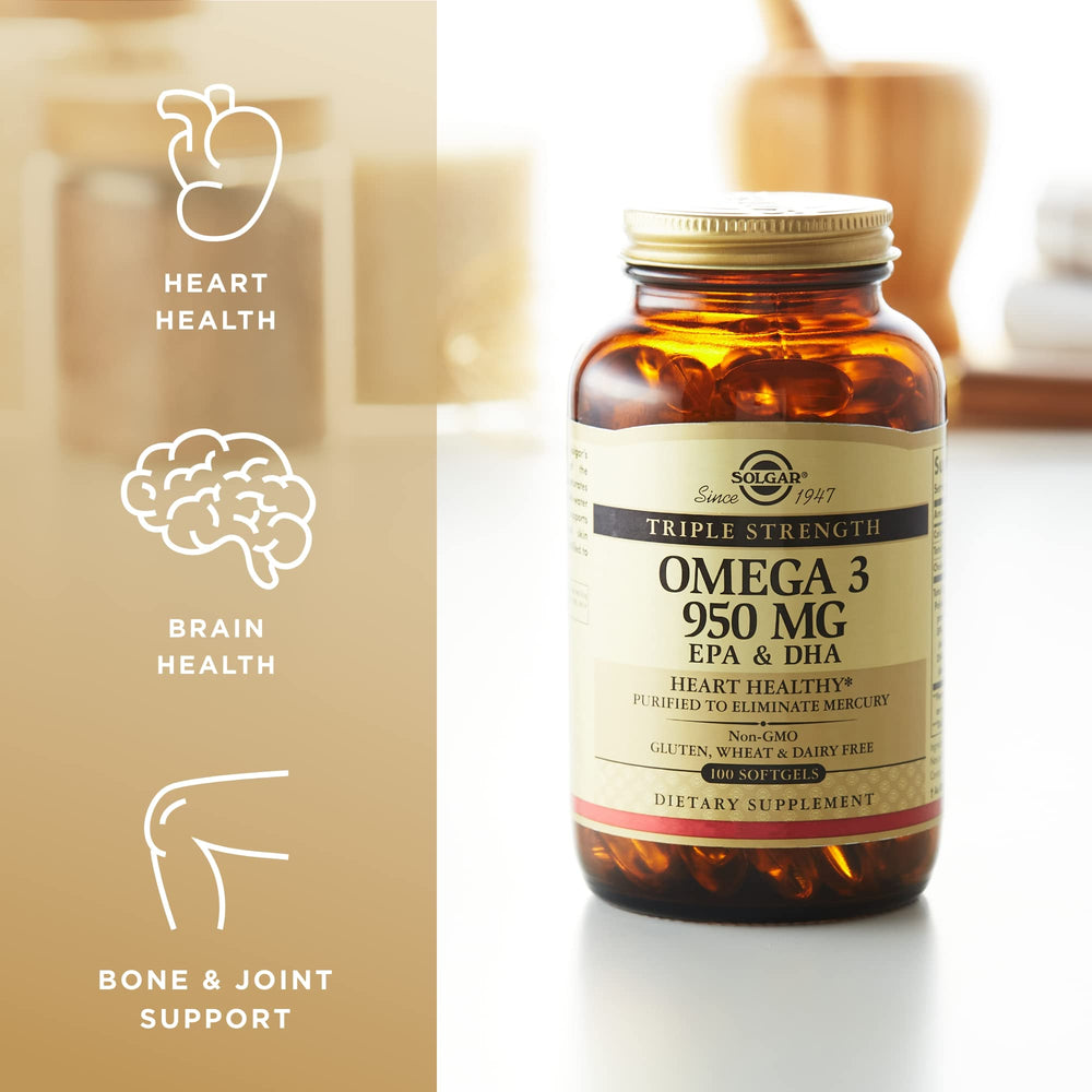 Solgar Omega 3 950 mg bottle on kitchen counter suggests daily use