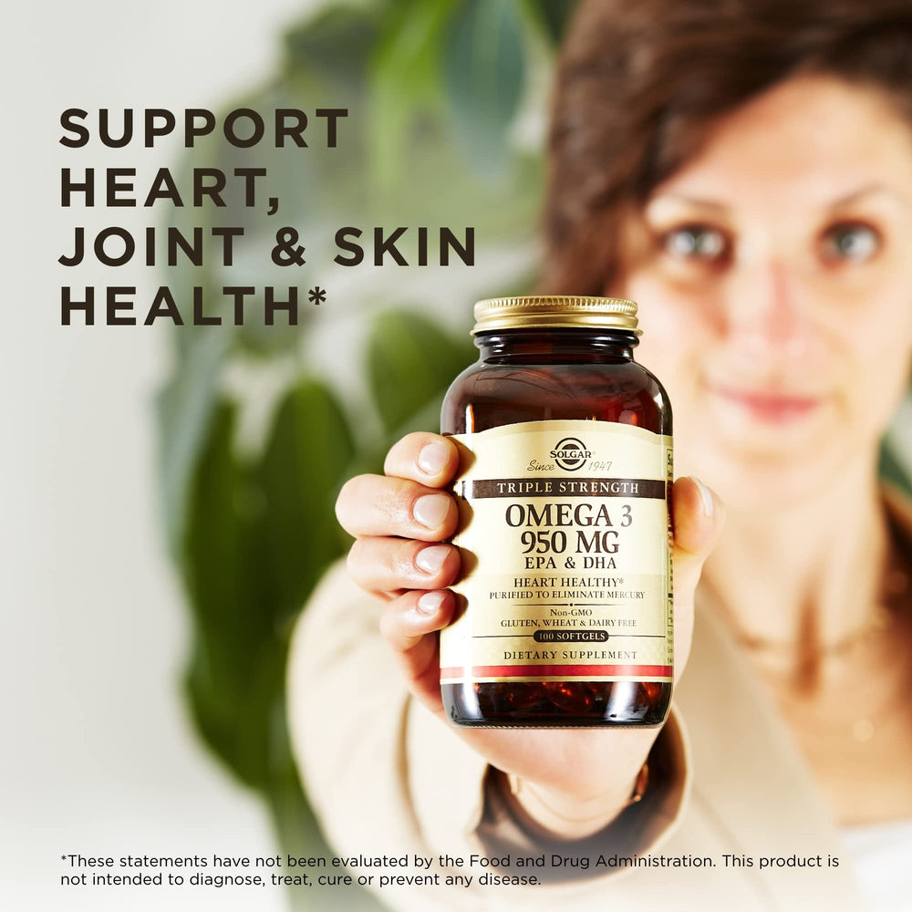 Solgar Omega-3 ingredients panel shows non-GMO and allergen-free formula