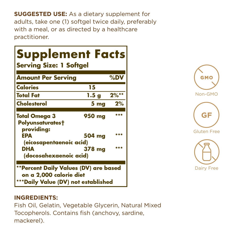 Solgar Omega 3 950 mg softgels close-up emphasizes purity and EPA/DHA content