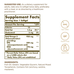 Solgar Omega 3 950 mg softgels close-up emphasizes purity and EPA/DHA content