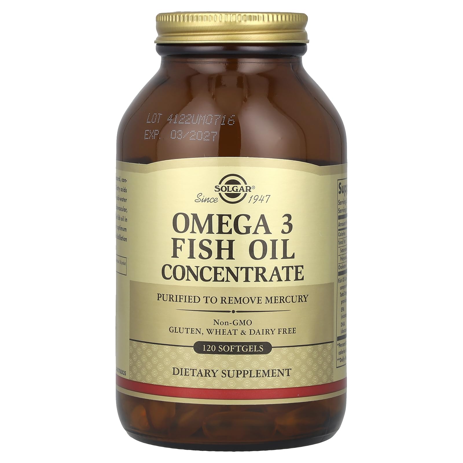 Solgar Omega 3 Softgel bottle beside a glass of water for daily routine.