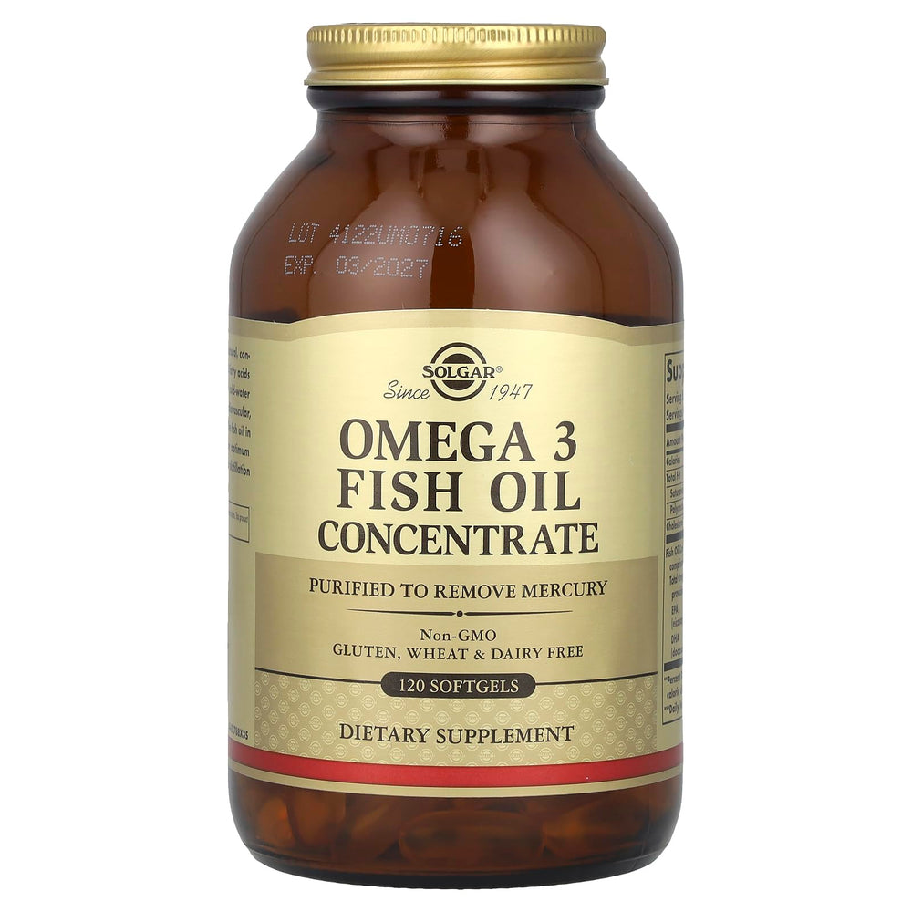 Solgar Omega 3 Softgel bottle beside a glass of water for daily routine.
