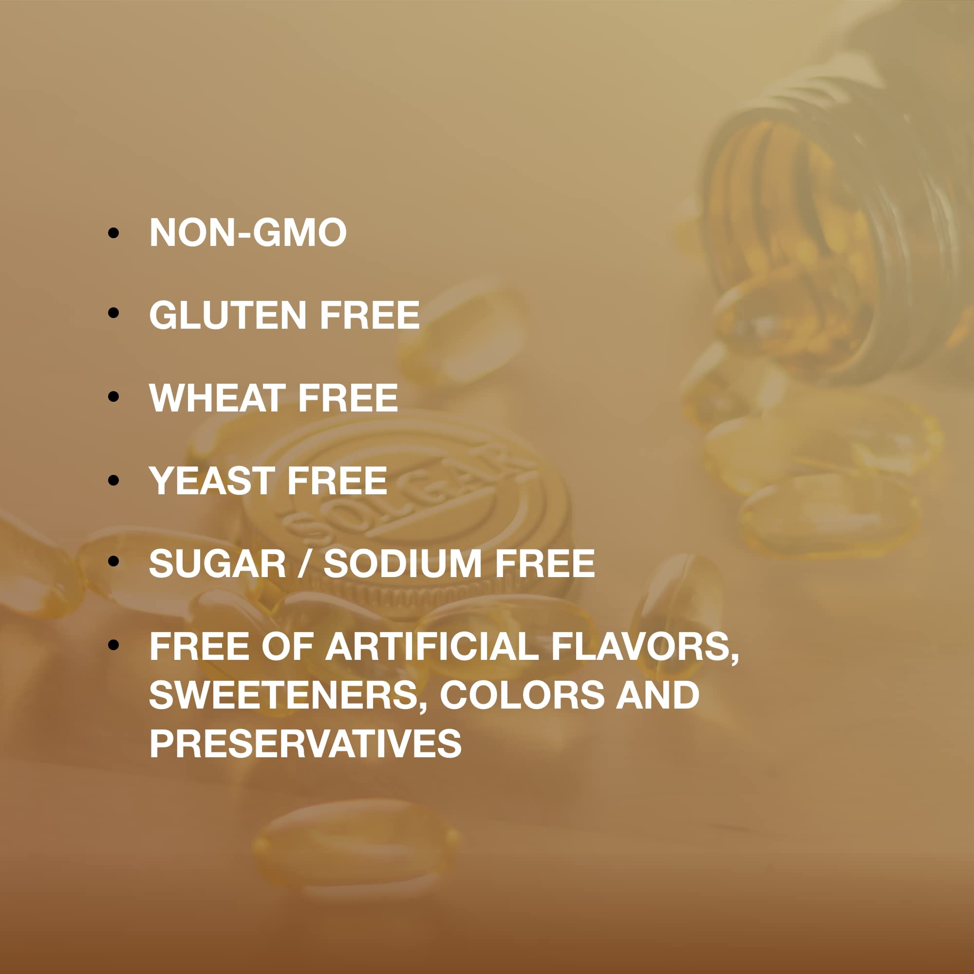 Solgar Omega 3 Fish Oil Softgel on warm wood background.