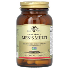 Solgar One Daily Men's Multi capsules display a vegan, convenient one-per-day health solution