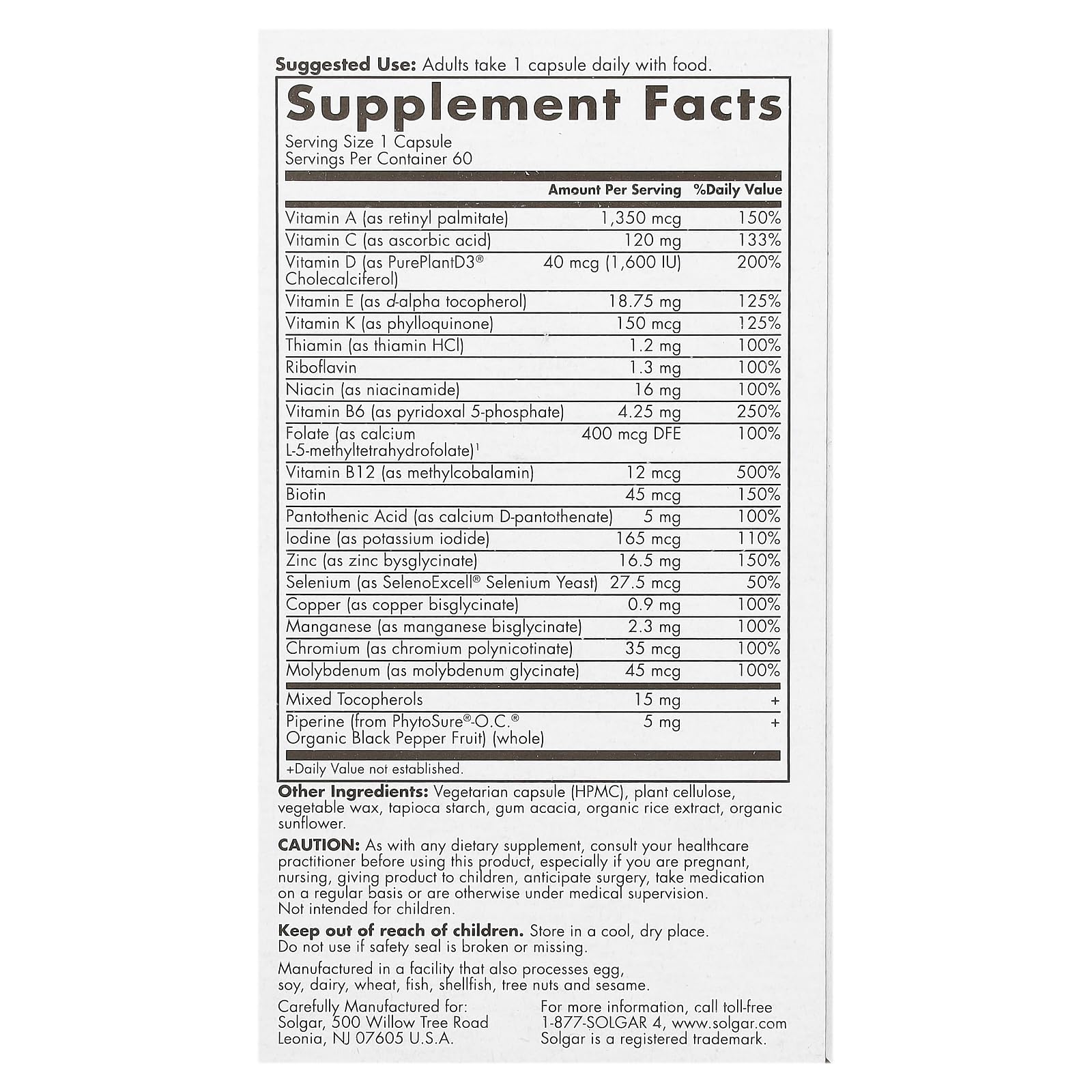 Solgar One Daily Men's Multi label closeup emphasizing high-quality, absorbable vitamins