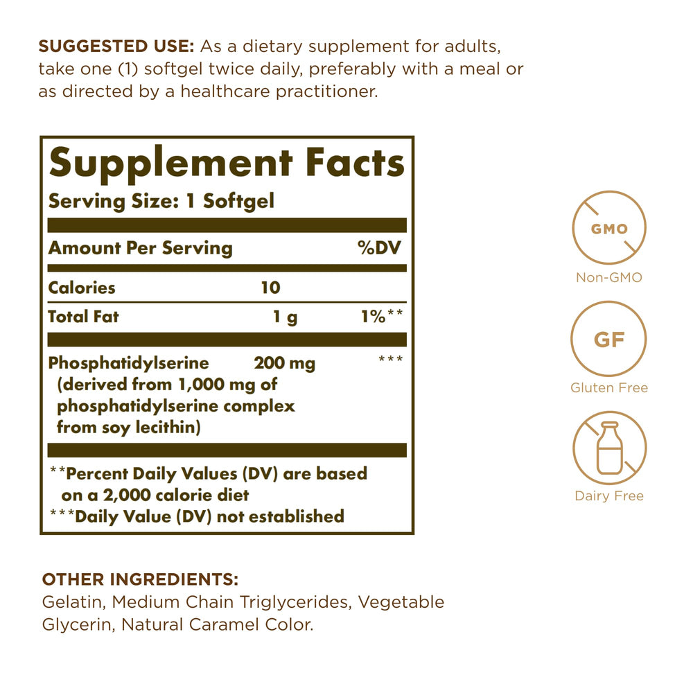 Solgar Phosphatidylserine 200 mg softgels bottle back label shows gluten-free and dairy-free formula.