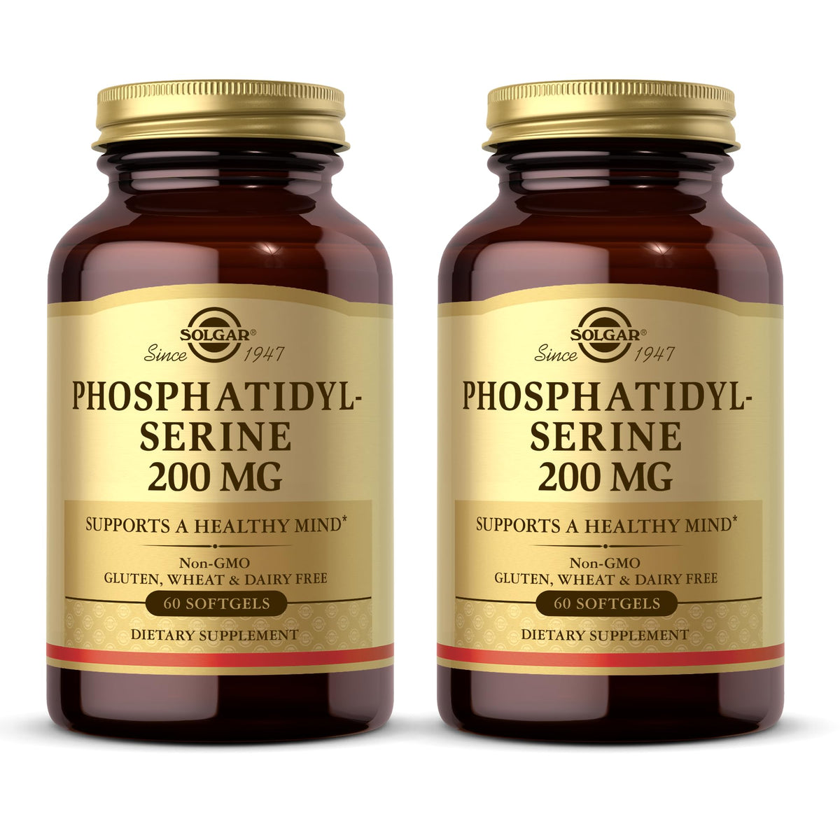 Solgar Phosphatidylserine 200 mg softgels bottle front supports cognitive function in daily use.