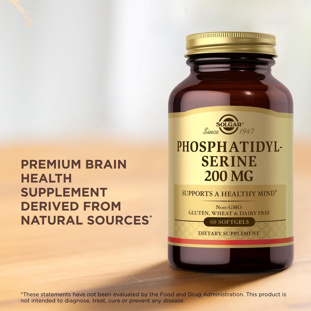 Solgar Phosphatidylserine 200 mg softgels gluten-free and dairy-free symbol highlights purity.