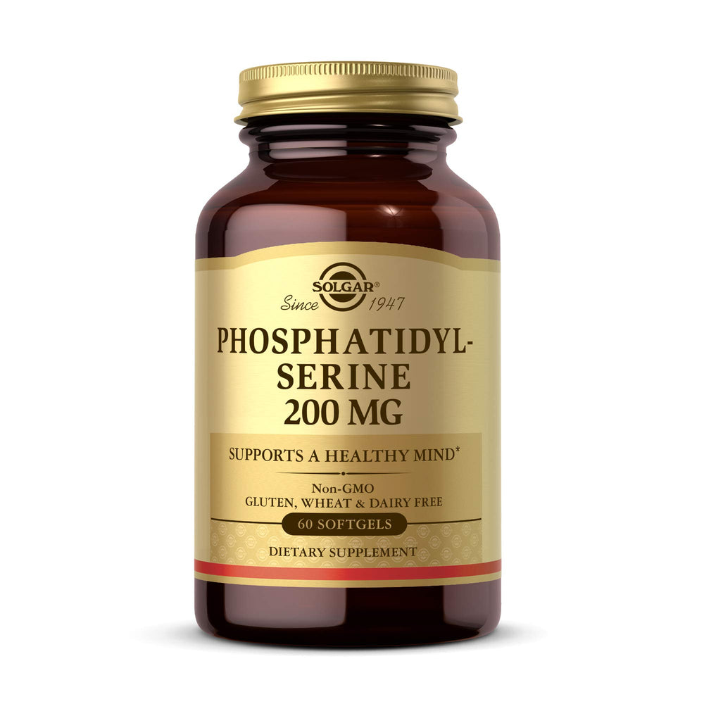 Solgar phosphatidylserine 200 mg softgels on bottle for brain health support