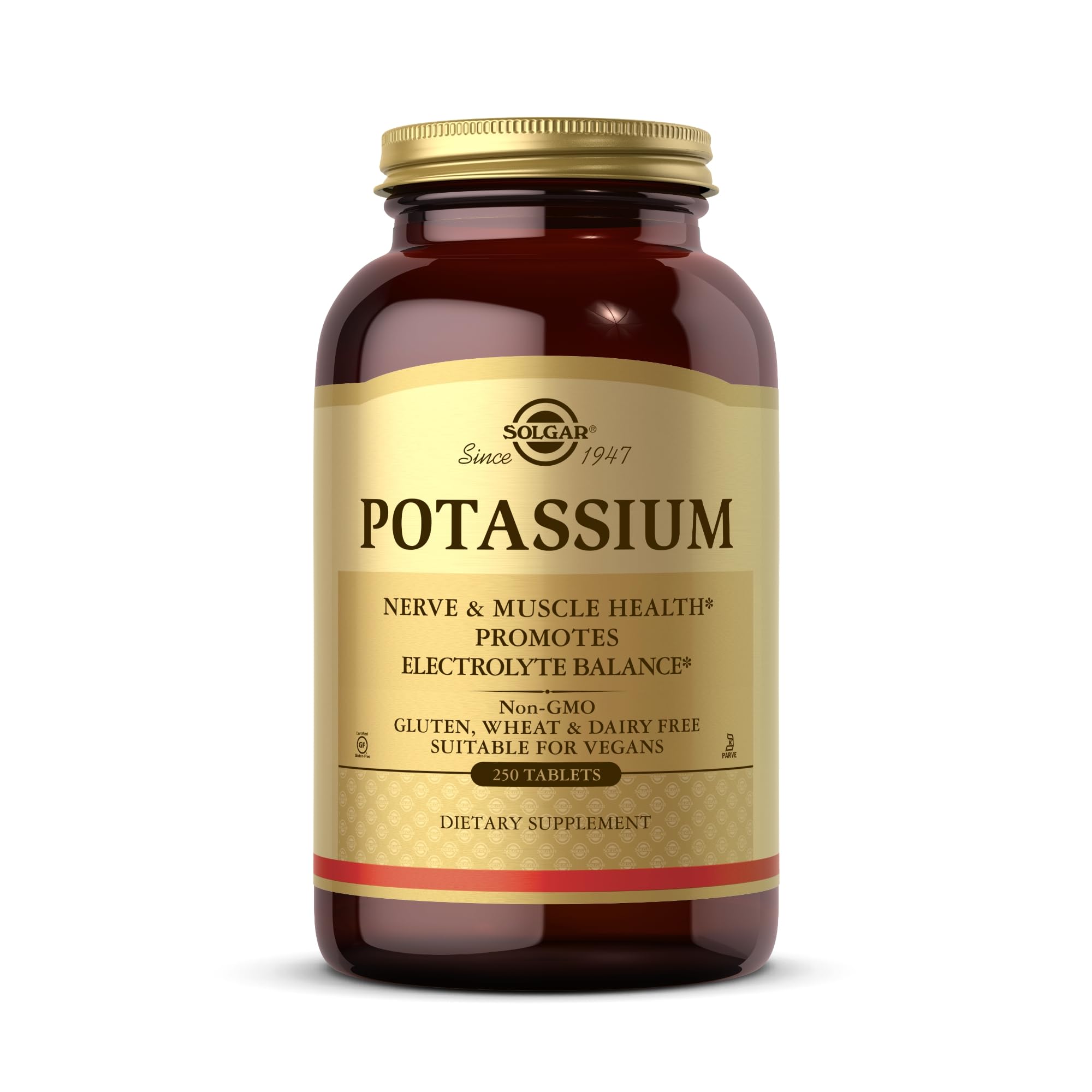 Solgar Potassium Gluconate 250-tabs bottle for daily mineral supplementation.