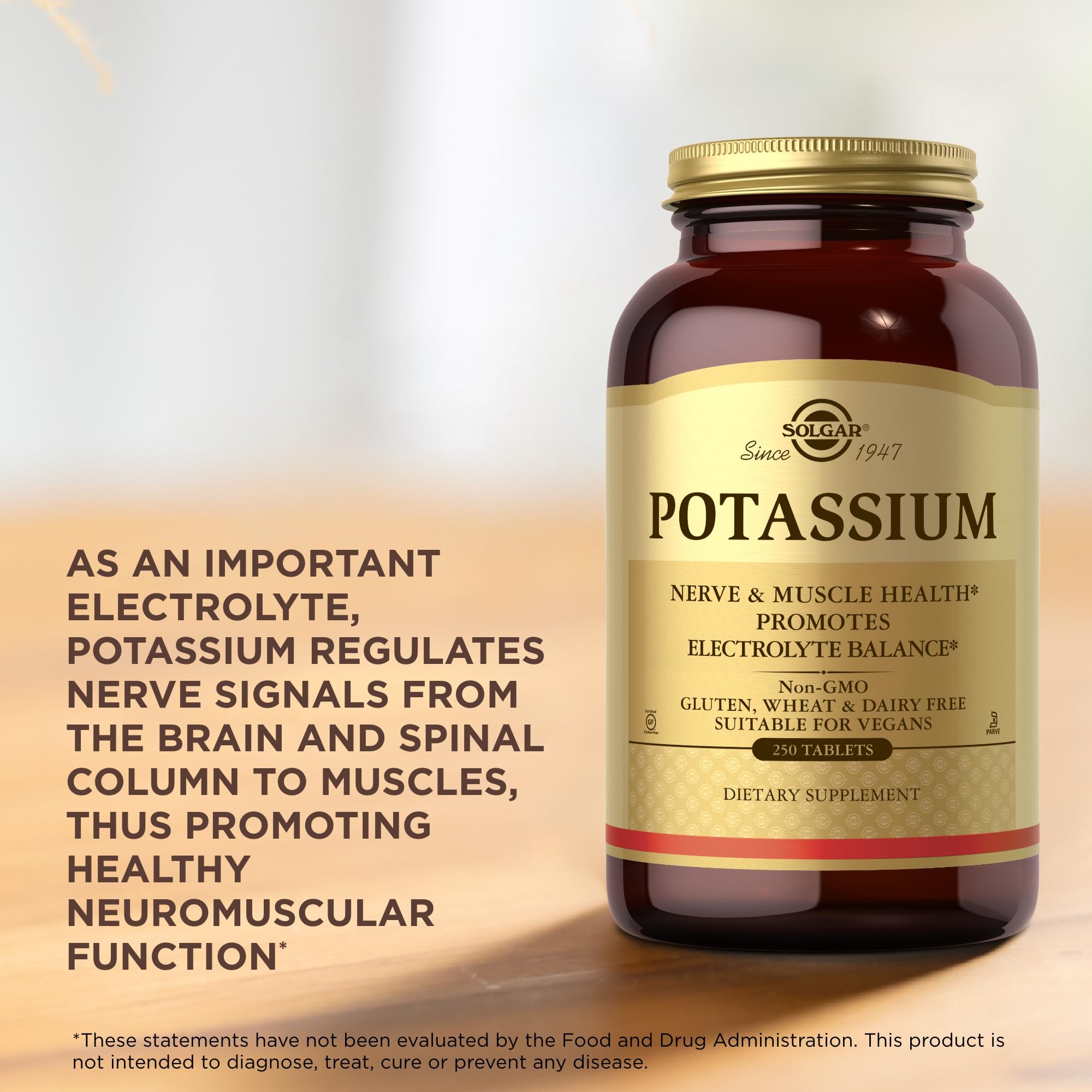 Solgar potassium gluconate 250-tabs daily-use image illustrating simple routine.