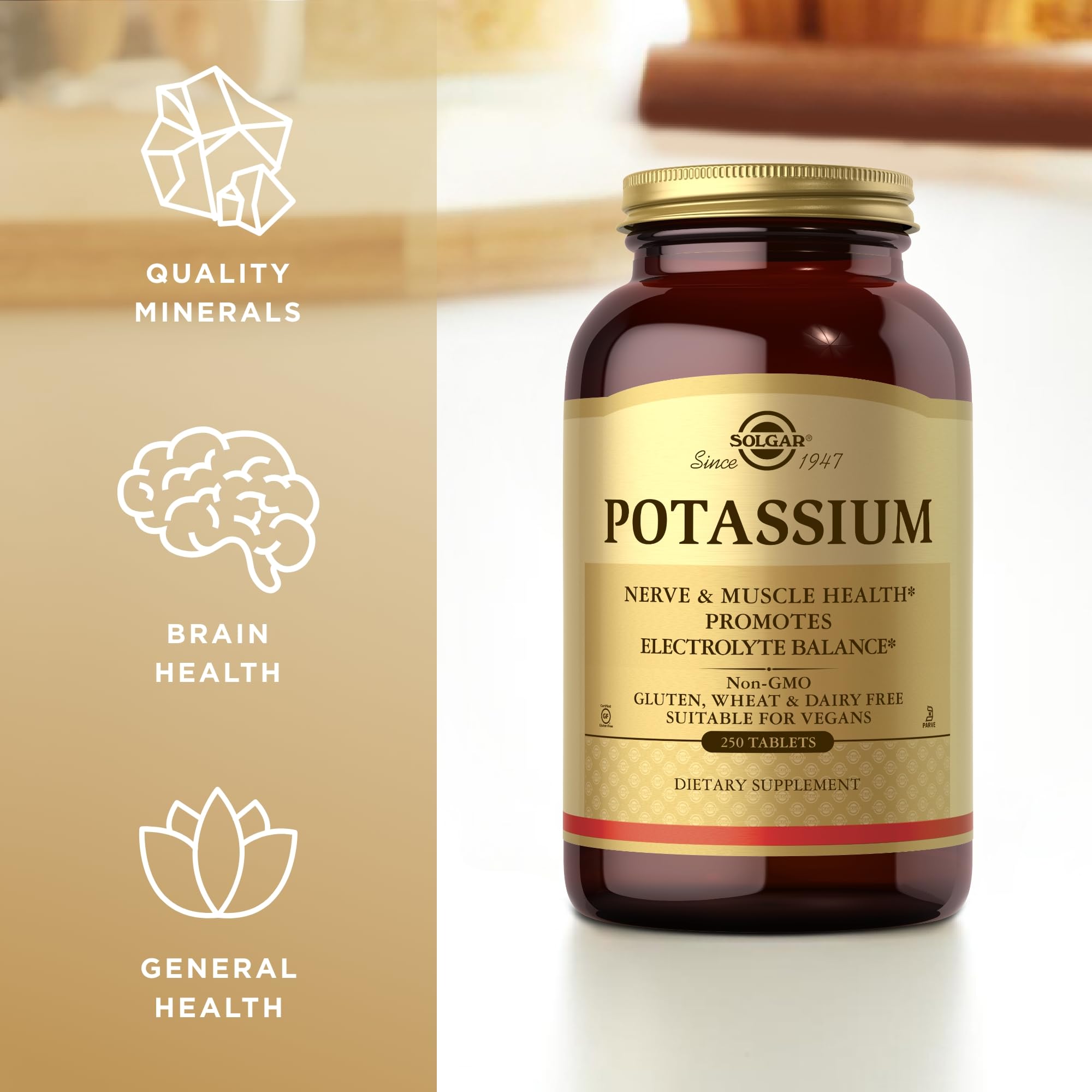 Solgar potassium gluconate 250-tabs pack-shot highlighting packaging quality.