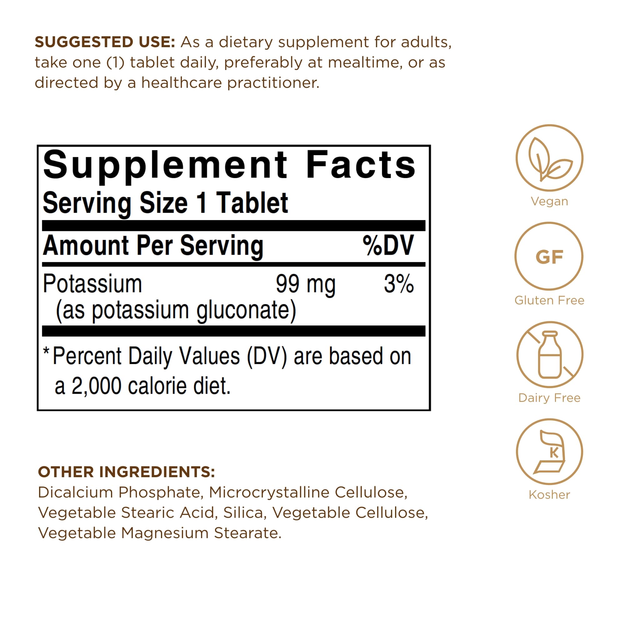 Solgar potassium gluconate 250-tabs pour shows easy-to-pour bottle design.