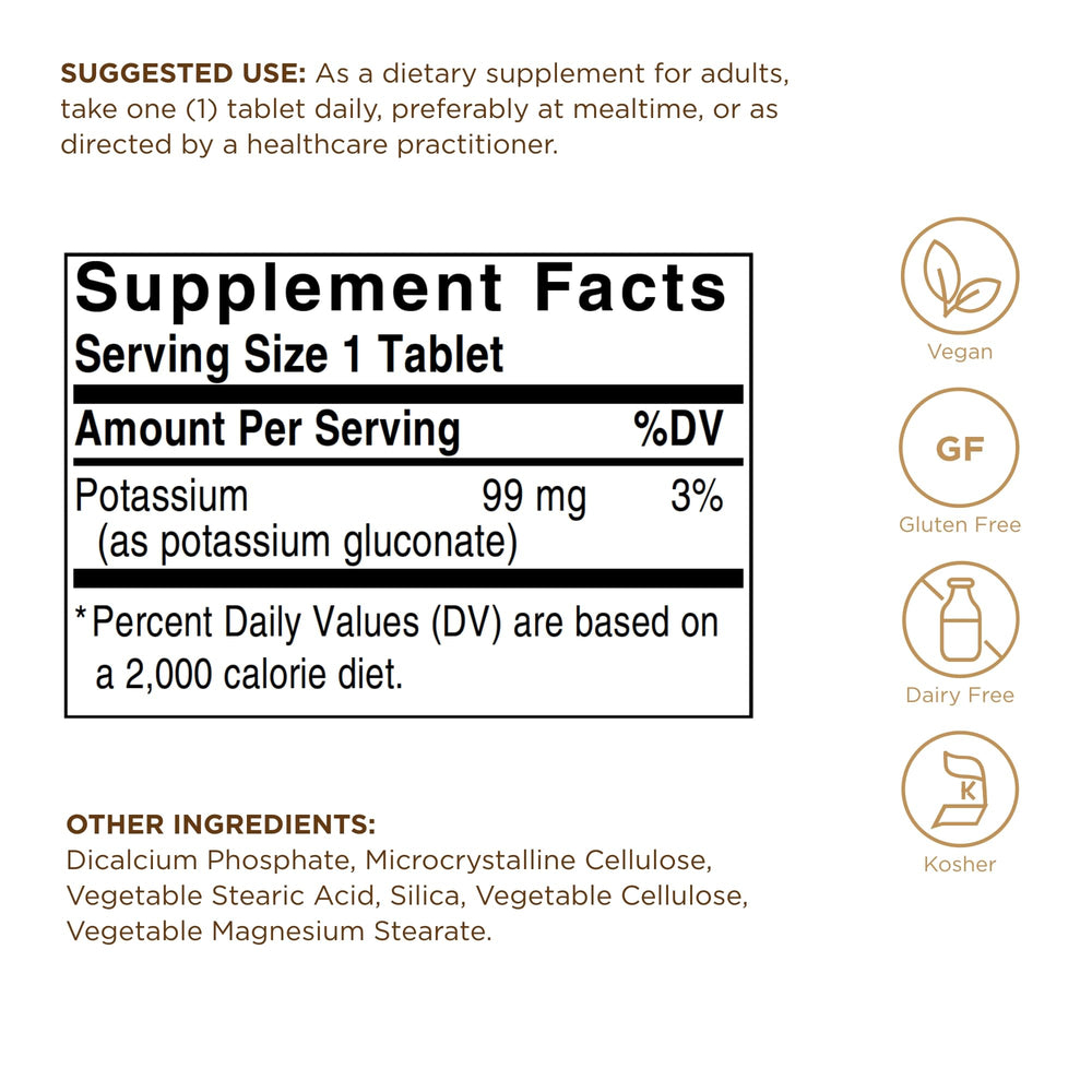 Solgar potassium gluconate 250-tabs pour shows easy-to-pour bottle design.