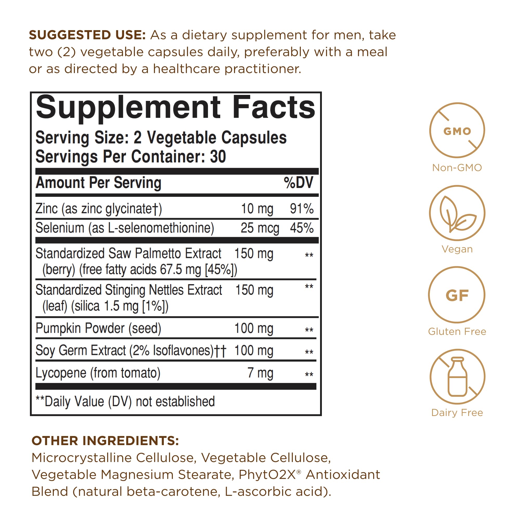 Solgar Prostate Support capsules close-up emphasizes plant-based capsule technology and gluten-free formula.