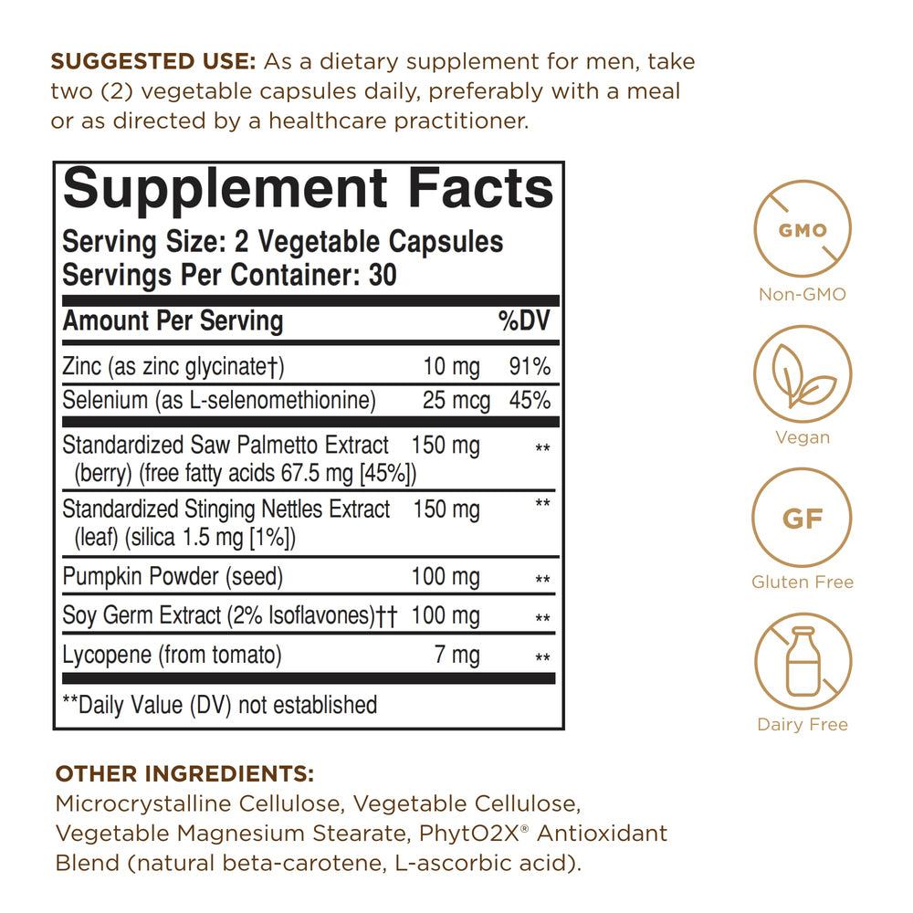 Solgar Prostate Support capsules close-up emphasizes plant-based capsule technology and gluten-free formula.