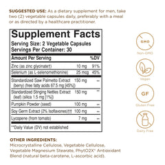 Solgar Prostate Support capsules close-up emphasizes plant-based capsule technology and gluten-free formula.