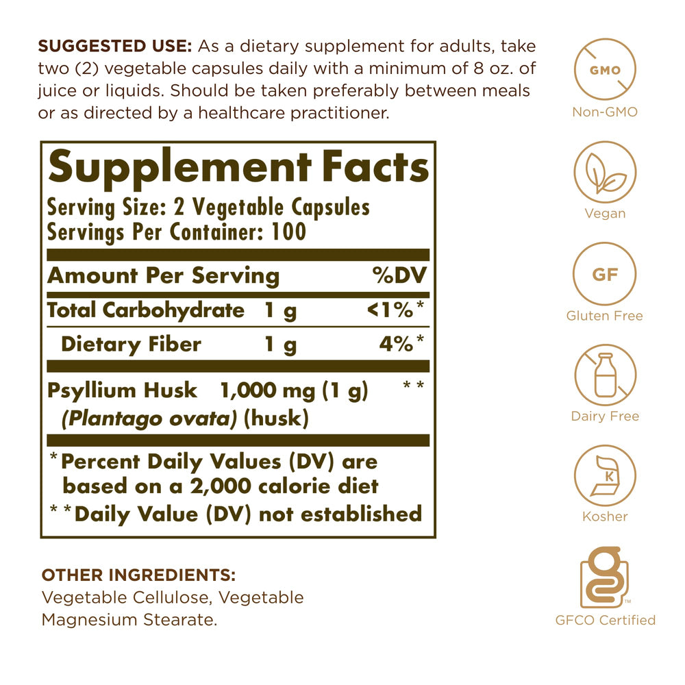 Solgar Psyllium Husks Fiber capsules for daily fiber intake