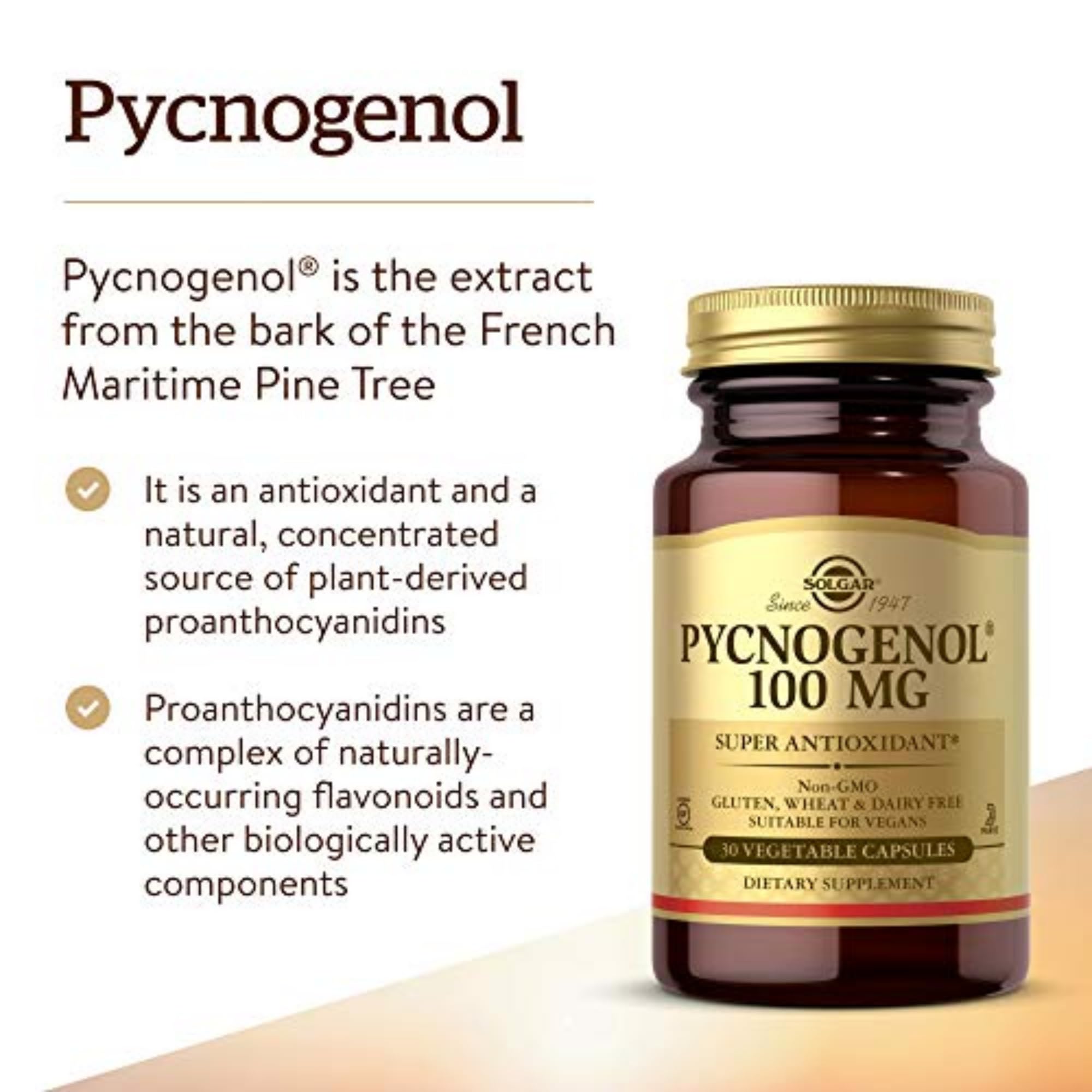 Solgar Pycnogenol 100 mg capsules being poured for daily intake