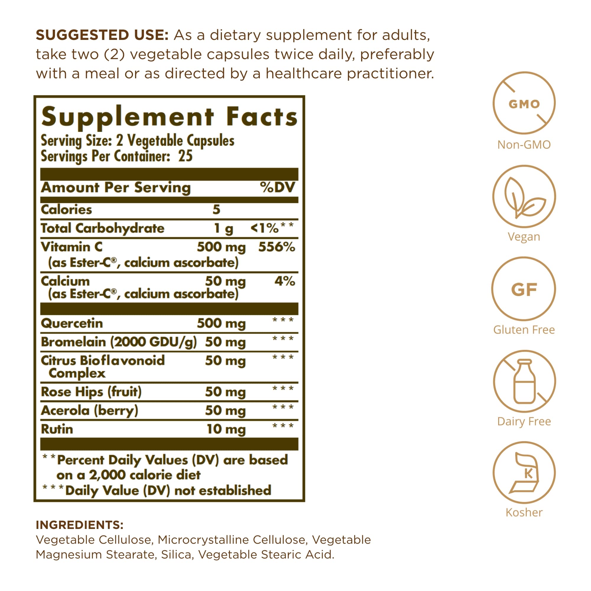 Solgar Quercetin Complex capsules showing vegan-friendly, stomach-friendly formulation.