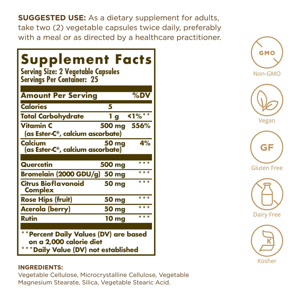 Solgar Quercetin Complex capsules showing vegan-friendly, stomach-friendly formulation.