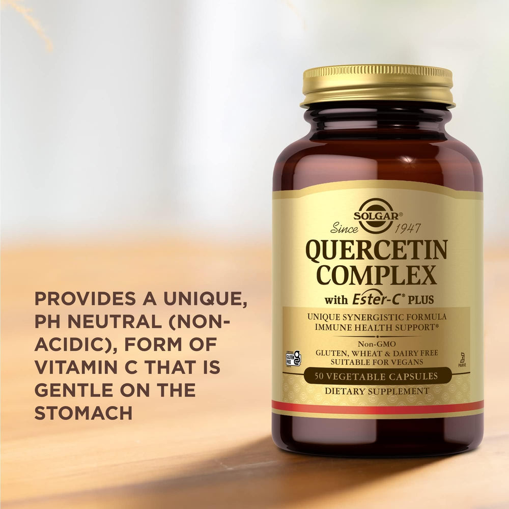 Solgar Quercetin Complex ingredients panel with acerola, bromelain, rose hips, and citrus bioflavonoids.