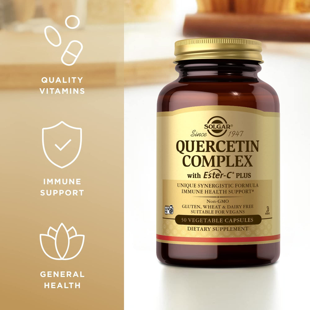 Solgar Quercetin Complex packaging emphasizing non-GMO, gluten-free, kosher attributes.