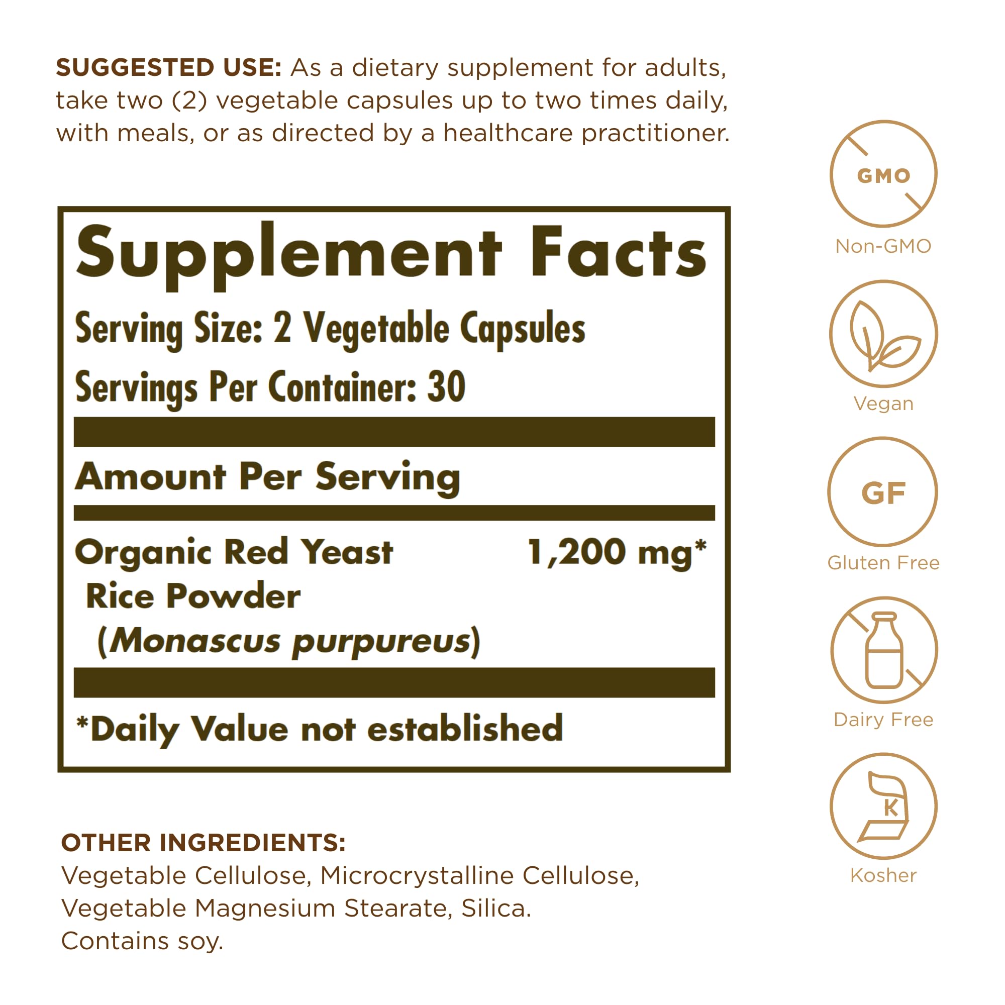Solgar Red Yeast Rice capsules close-up highlights plant-based, non-GMO formula